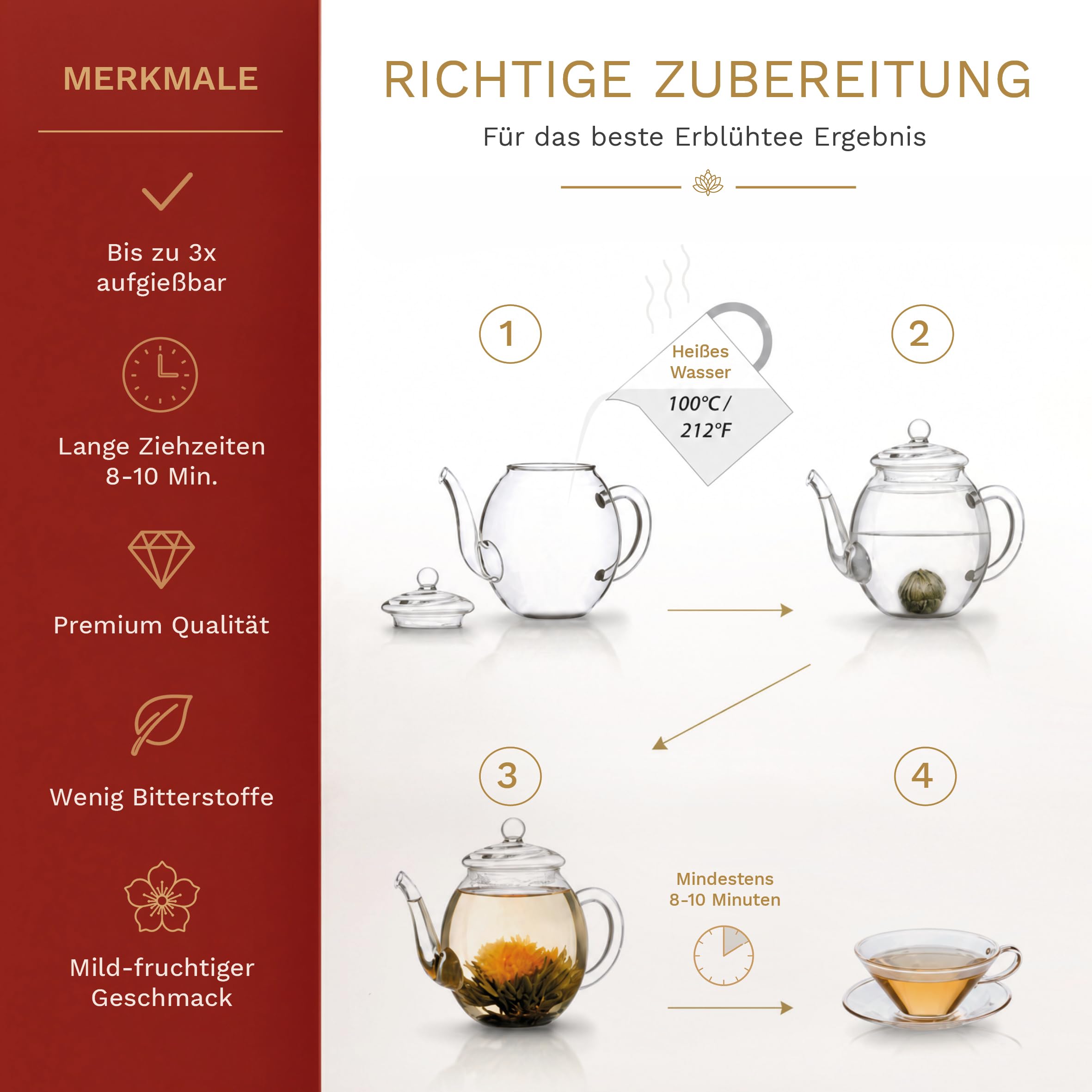 Creano Teeblumen-Mix Geschenkset mit 500ml Teekanne in edler Holzbox mit 6 verschiedenen Sorten ErblühTee (Weißer Tee)