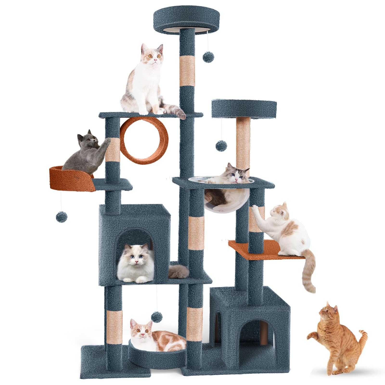 Arbol para Gatos, Rascador para Gatos de Múltiples Niveles, Torre de Lujo para Gatos con Bolas Colgantes, Rascadores, Bañeras de Suspensión, Plataformas, Casetas para Gatos (Azul,162cm de Altura)