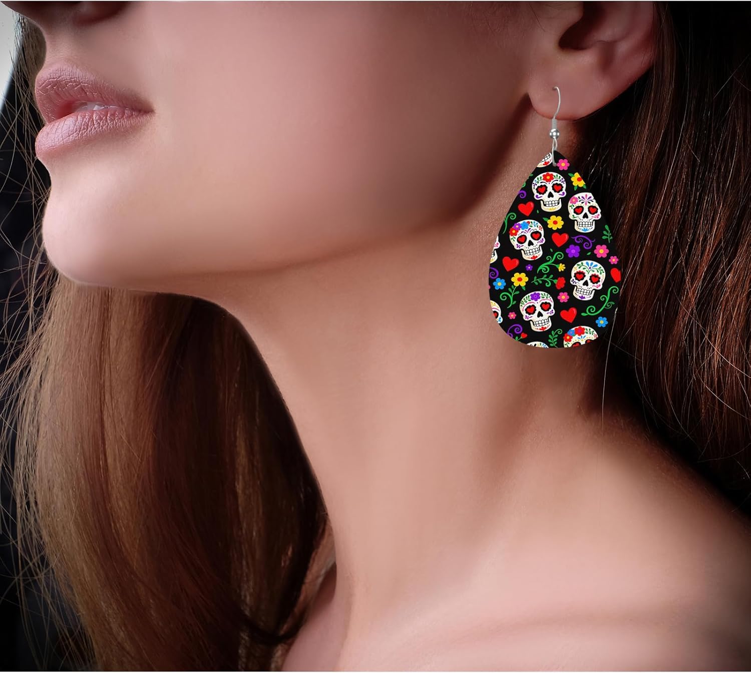 Zokola Day Of The Dead Leather Drop Earrings Set, Mexican Sugar Skull Flowers Black Lightweight Teardrop Earrings Leather Dangle Earrings For Women Friends Wedding Jewelry - Image 5