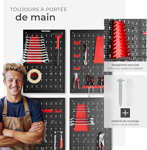tectake® Panneau Mural Perforé Porte outils mural Lot de 4 Panneaux 160 x 2 x 60 cm 34 pcs Crochet & Supports, Extensible Système de rangement Outillage & visserie - 3