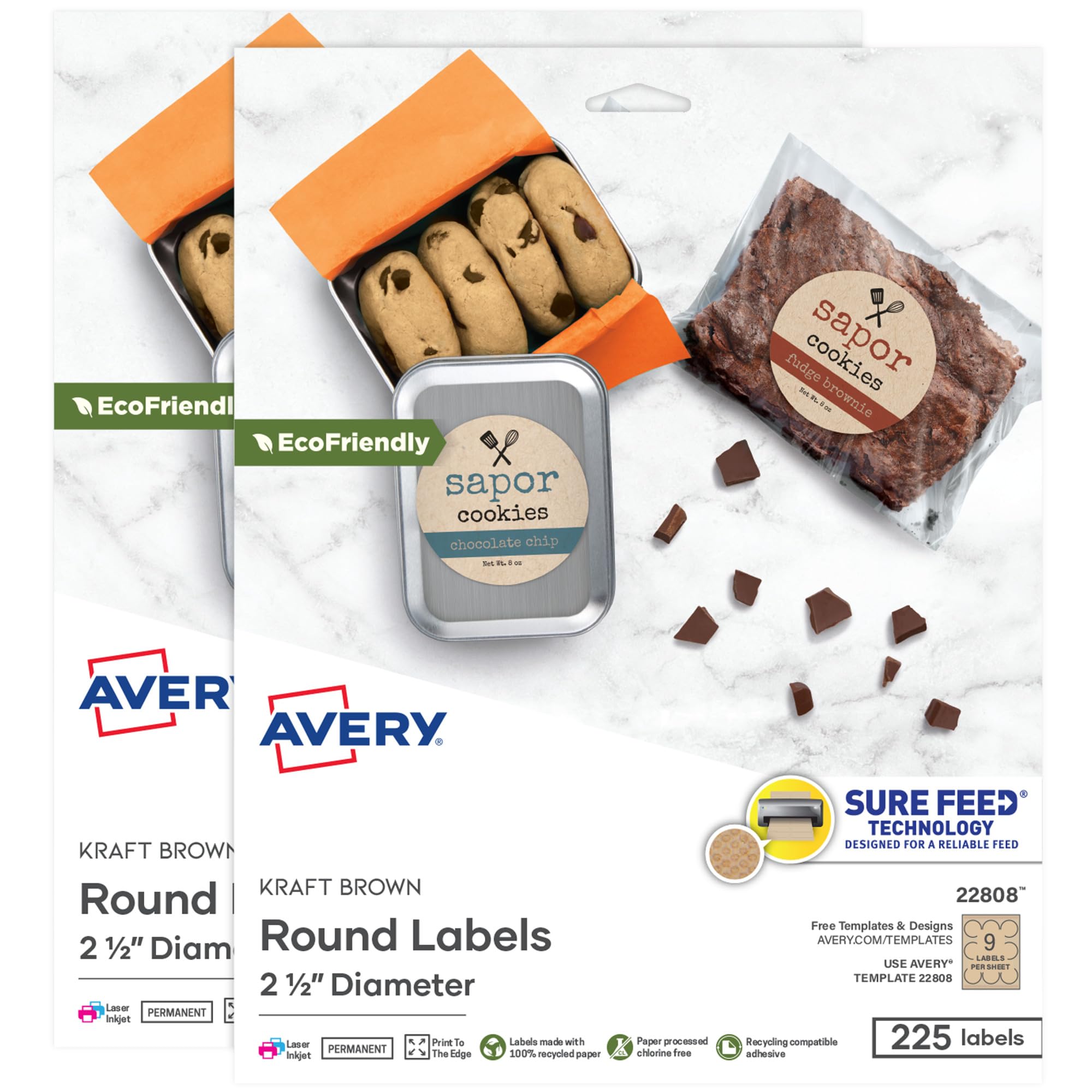 Avery Etichette rotonde stampabili, diametro 6,3 cm, marrone kraft, confezione da 2, 450 etichette personalizzabili in totale (5639)