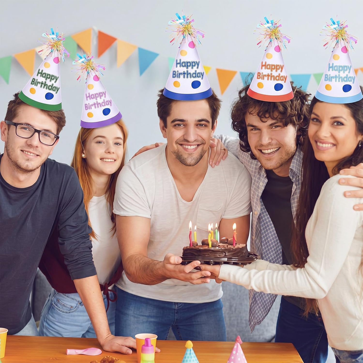 Unittype 18 Pcs Pre-assembled Birthday Party Hats for Adults, Pastel Cone Hat with Iridescent Pom Poms Colorful Photo Props Birthday Party Decorations for Women Men Baby Shower Celebration