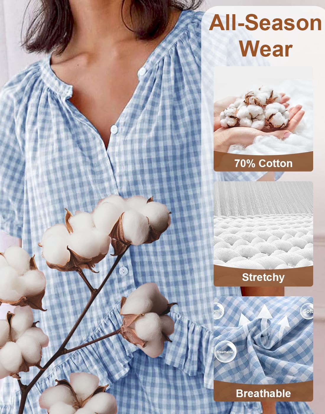 Womens 2 Piece Gingham Pajamas Set Cute Plaid Pjs Cotton Short Sleeve Babydoll Shirt Ruffle Pants Lounge Sets - Image 5