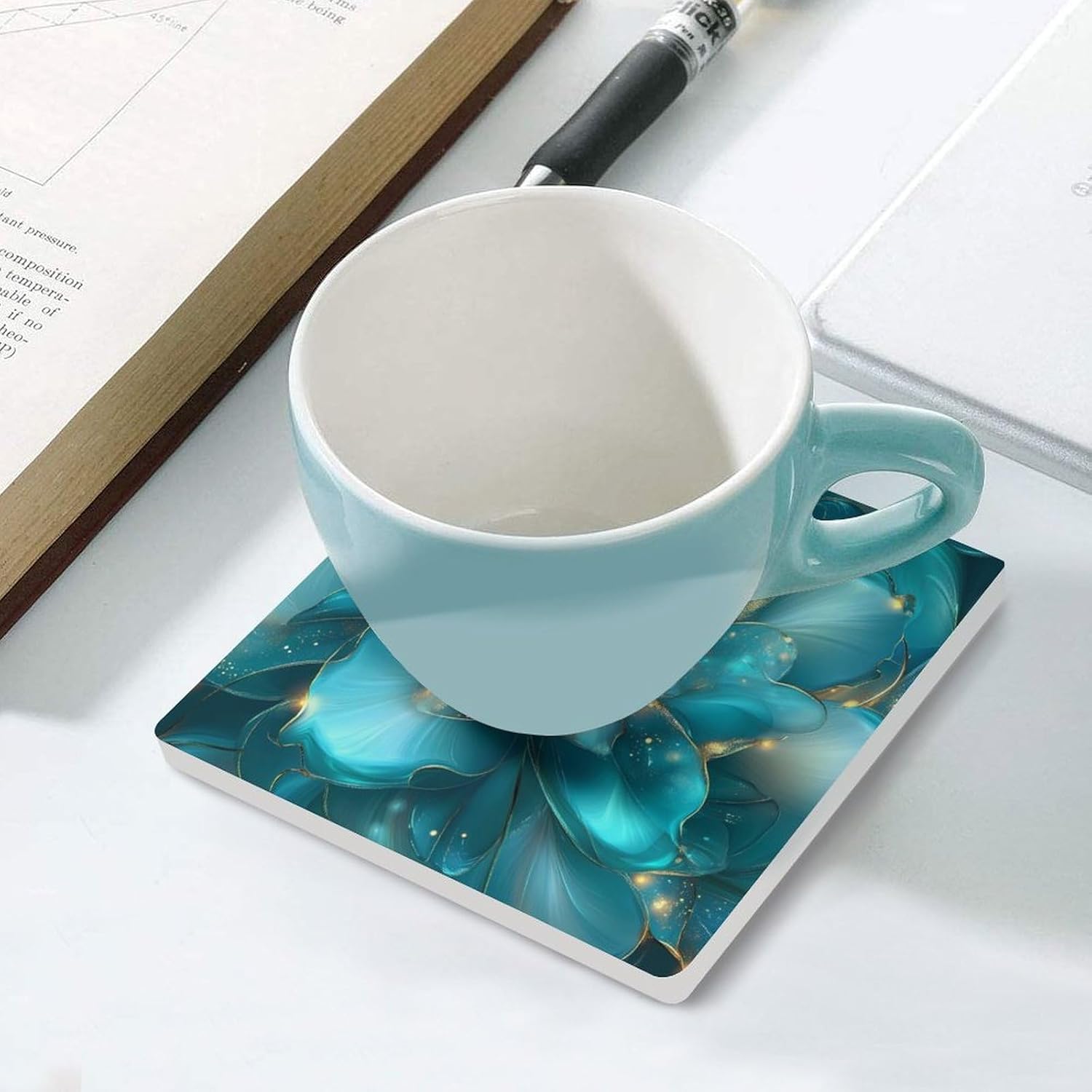 Turquoise Flowers Abstract Coasters for Drinks Square Table Coasters Set Cup Mats with Cork Base