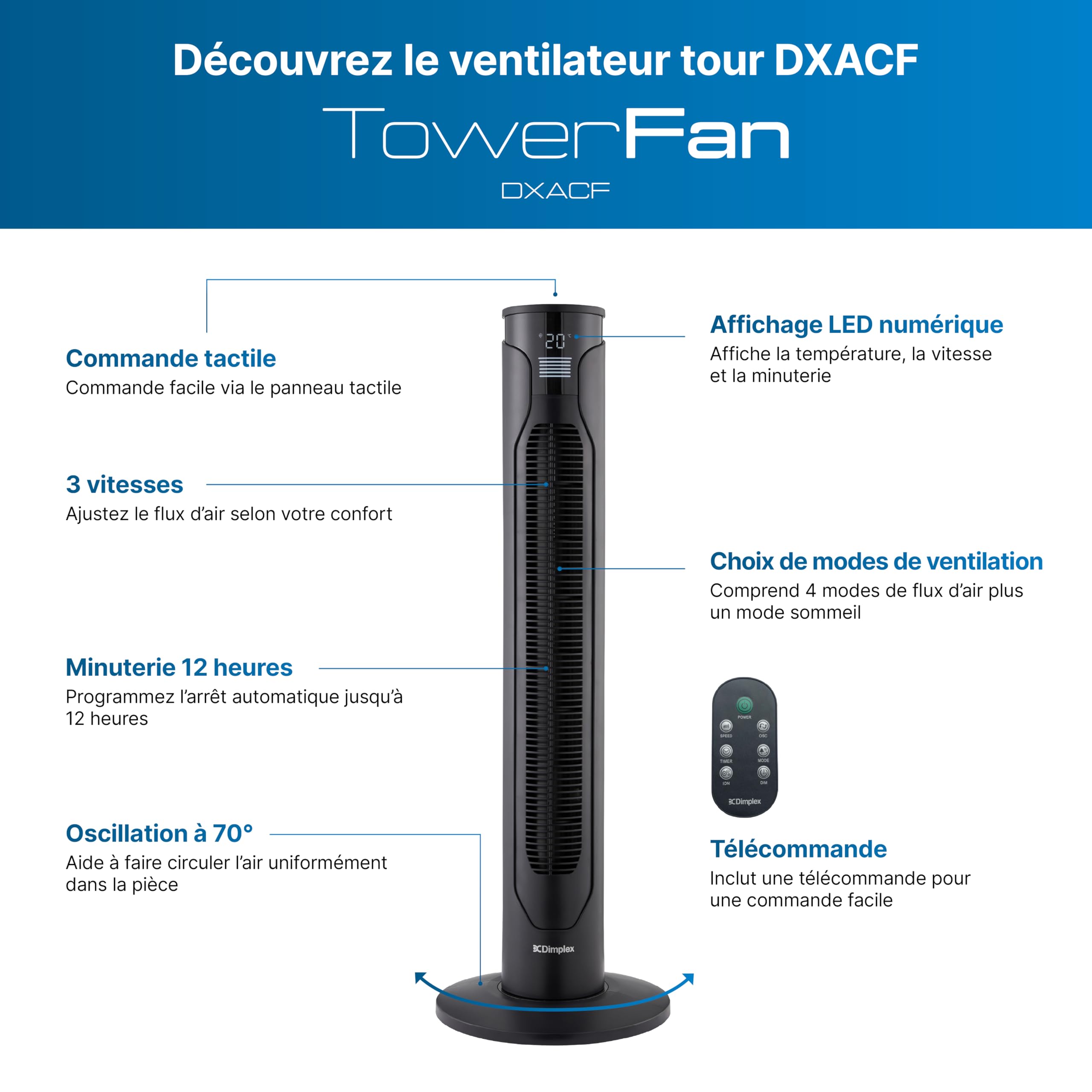 DIMPLEX Ventilateur Colonne Oscillant 70°, 3 Vitesses, Minuterie 12h, Écran LED, 4 Modes, Télécommande, Anthracite
