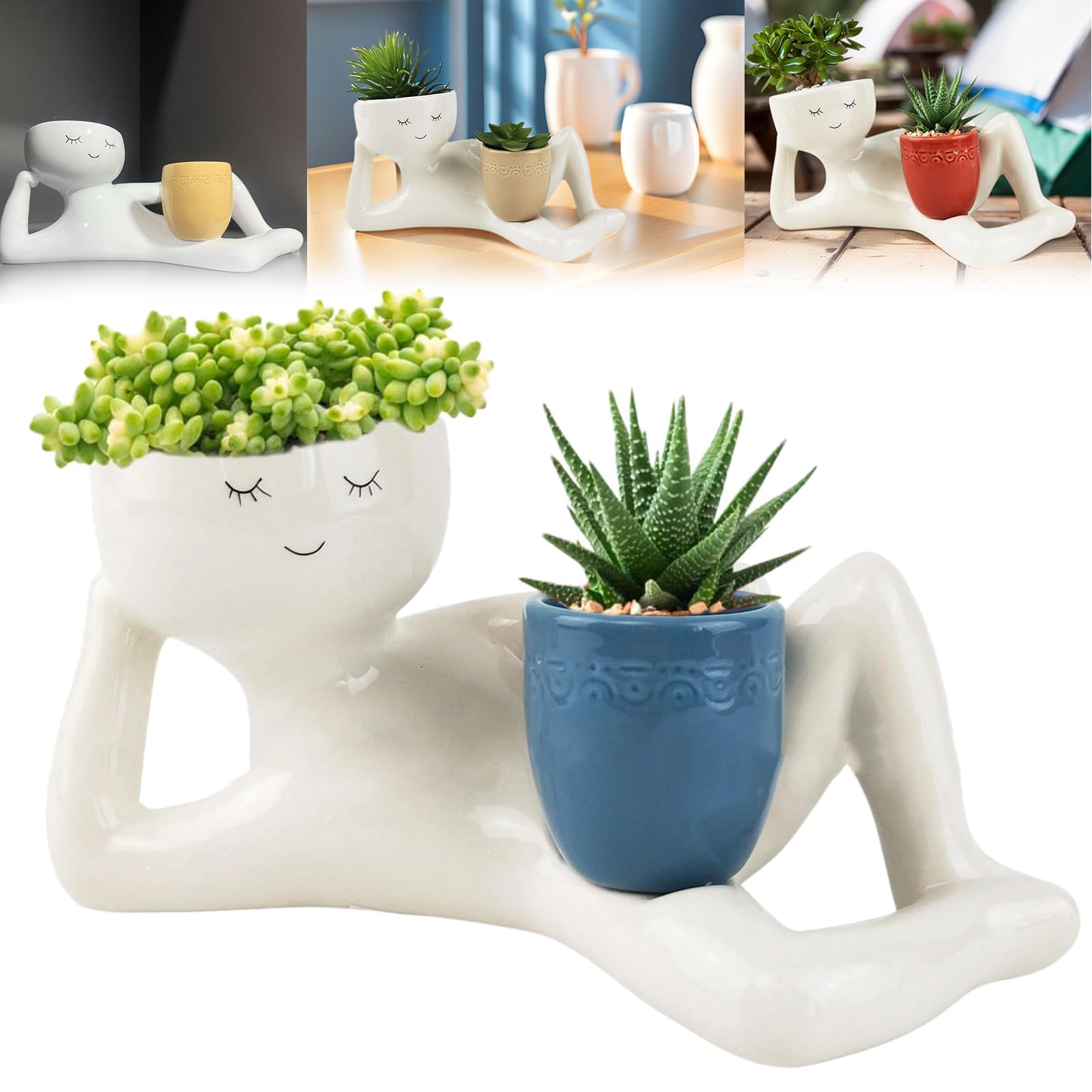 Ehoter Blue Lying Down Figure Planters Human Shaped Flower Pot Resin Succulent Plant Vase Cactus Head Flower Pot Lazy And Cute Little Character Flowerpot For For Indoor Outdoor Garden Balcony (Blue)