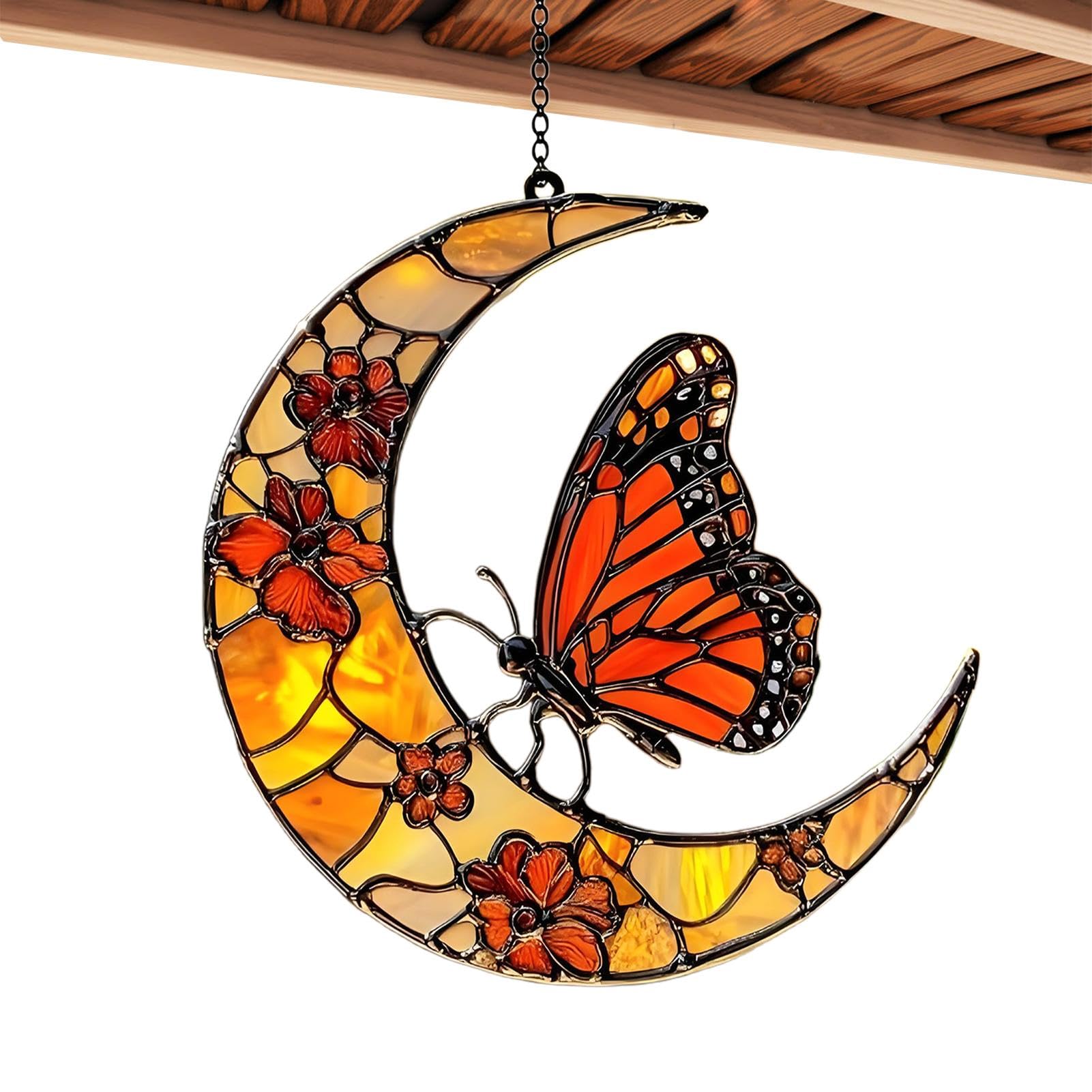 Cattador De Luna Solar, Mariposa Y Luna Solar Catcher Window Butterfly Catcher Catcher Butterfly Sun Catcher, Monarch Butterfly Y Flower Moon Ornament Para Ventana - Ornamento De Arte Acrílico Para De