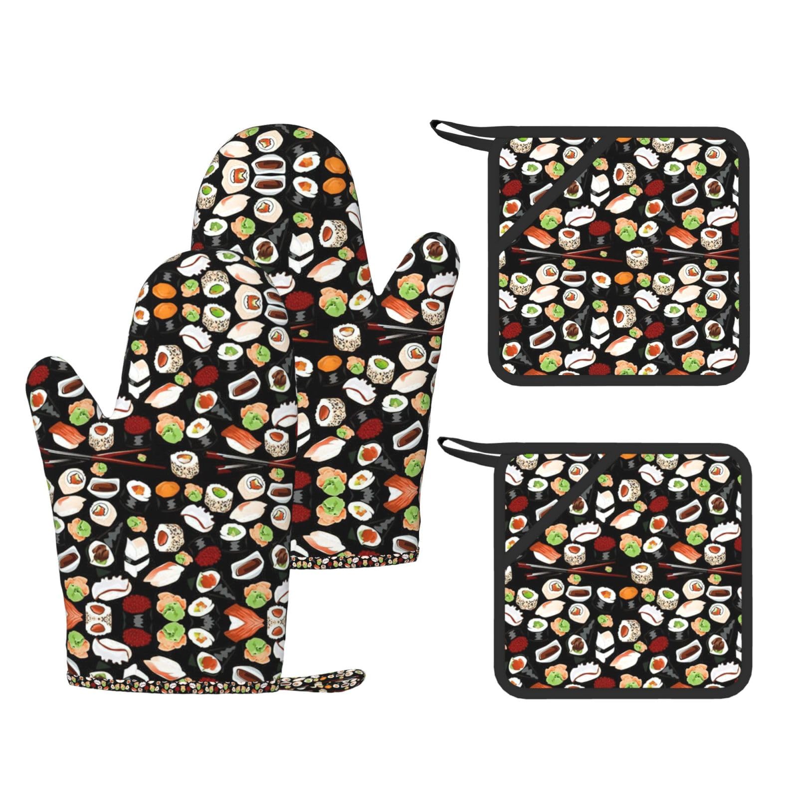 Japanese Sushi Black Trendy Printed Kitchen Set with Heat Resistant Gloves & Non-Slip Hot Pads for Baking & Grilling