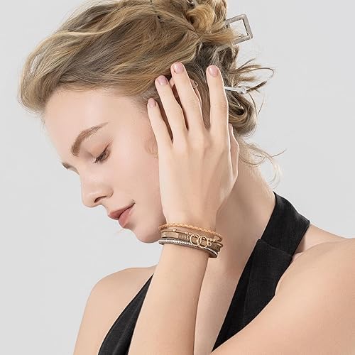 Miniatura 2 de FANCY SHINY Pulseras bohemias de cuero con cuentas doradas para mujer, apilables con cierre magnético