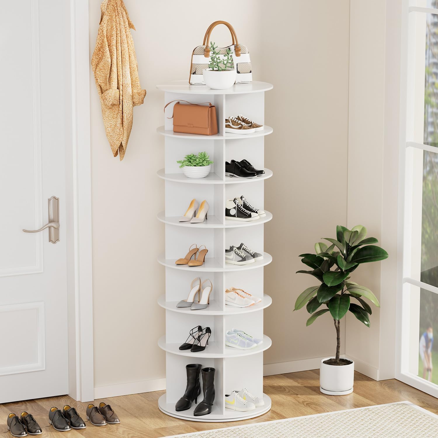 MYOYAY Estante giratorio para zapatos, torre giratoria de 7 niveles, exhibición de zapatos Lazy Susan de 360 grados, organizador de bolsos vertical redondo, ahorra espacio, sostiene más de 28 pares de