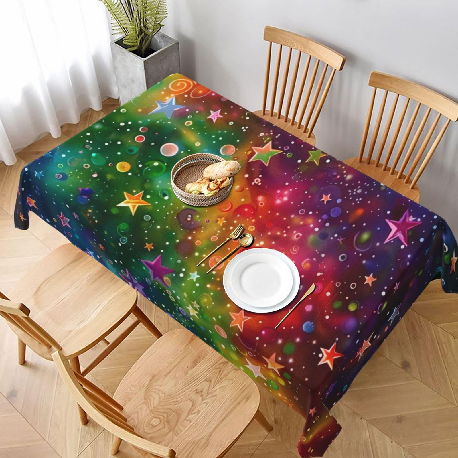WPKJU Colorful Rainbow Stars Printed Tablecloth 60x90 in Water Resistant Table Cover Washable Rectangle Table Cloth for Dining Tables