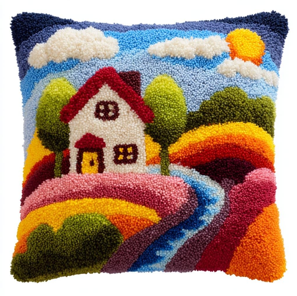 WallustrioaW Latch Hook Cushion Cover Kit,Cartoon House in the Forest