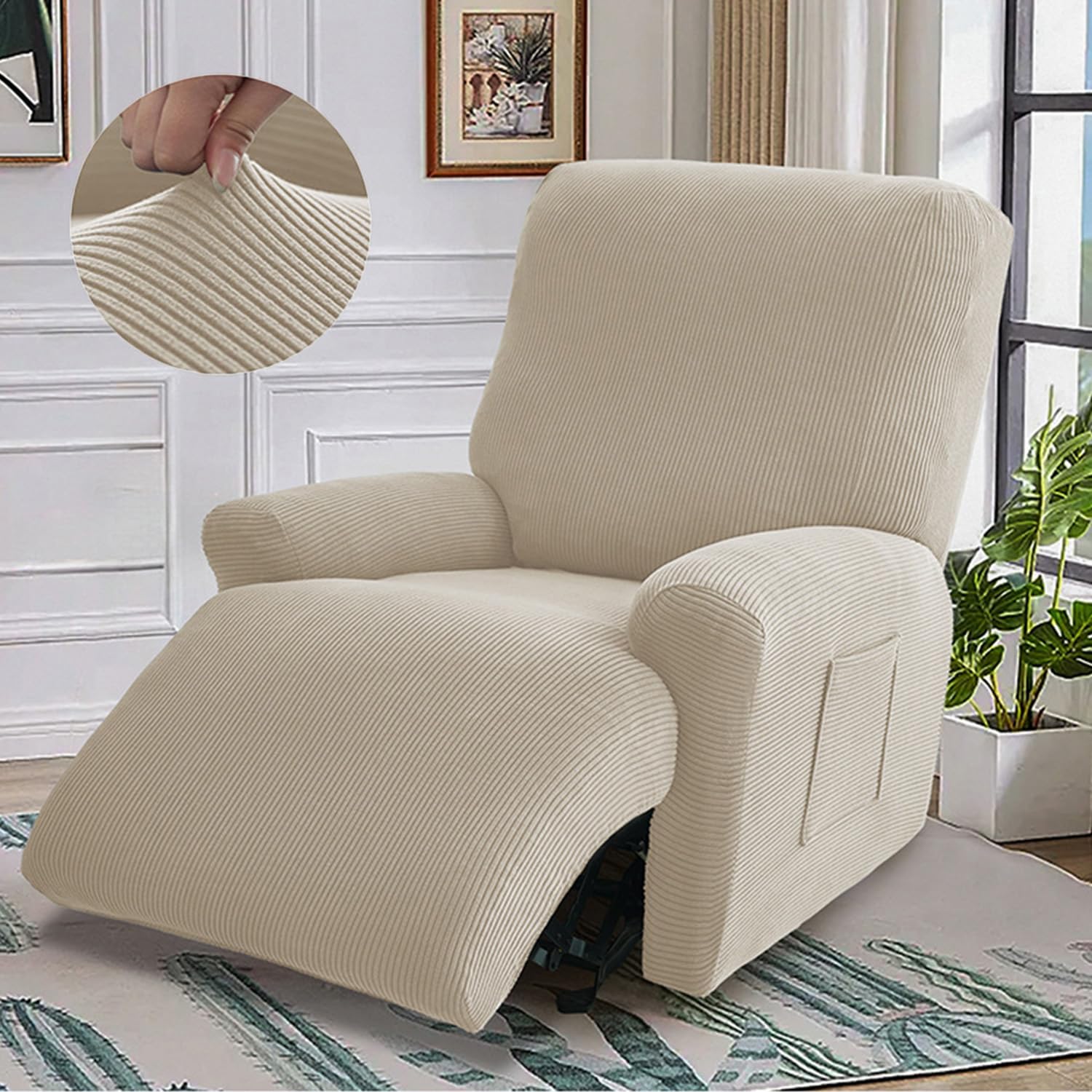 Fansu Funda de Sillón Relax 1 Plaza, Rayas Jacquard Elasticidad para Sillón Relax Funda Protector Reclinable con Bolsillos Laterales, 4 Piezas Extraíbles y Lavables (Beige,1 Place)
