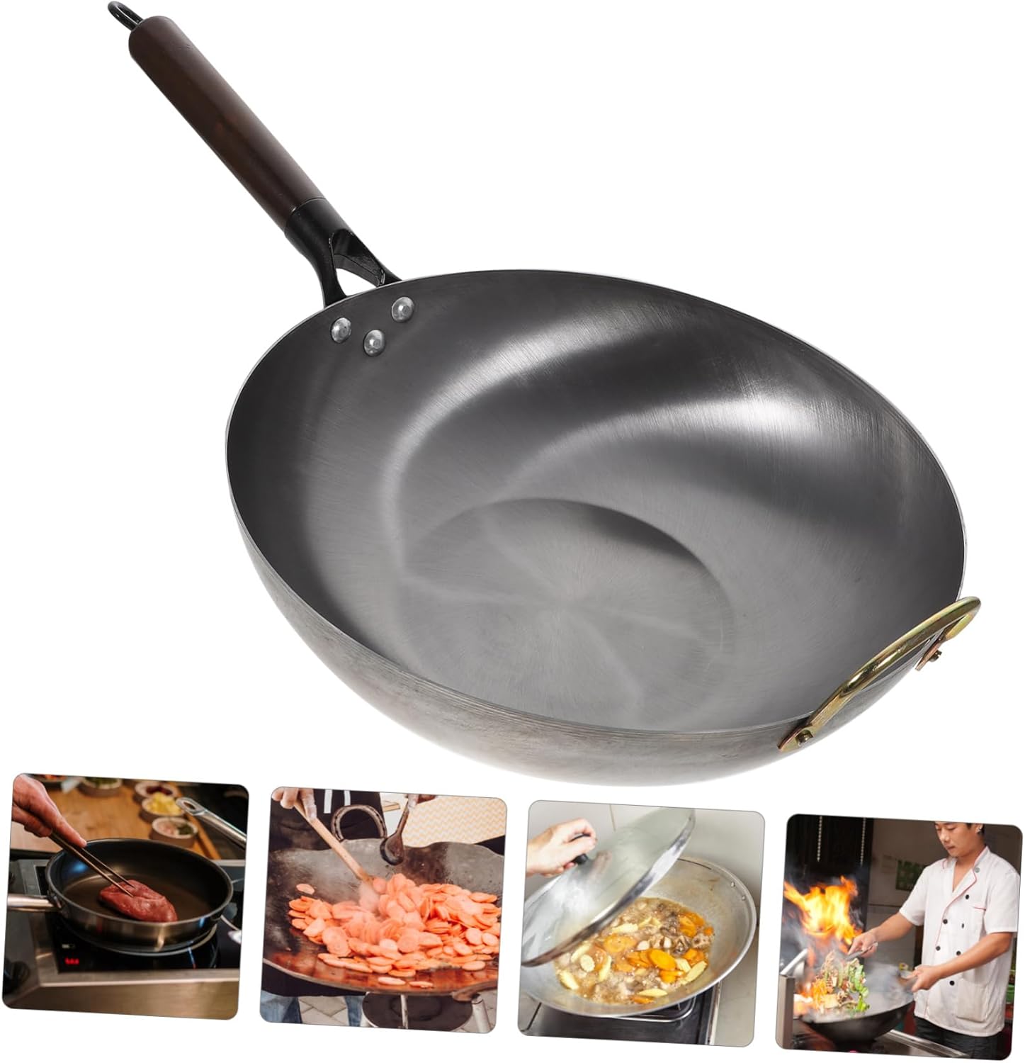 Zerodeko Cooking Wok Frying Pan Traditional Flat Bottom Wok Handle for Stir-frying and Iron Construction for Home and Restaurant Use