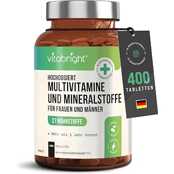 Multivitamin Tabletten Hochdosiert 27 Vitamine & Mineralstoffe A Z 400 Tabletten   13 Monate Vorrat 100% NRV Vegan F r Frauen & M nner VitaBright