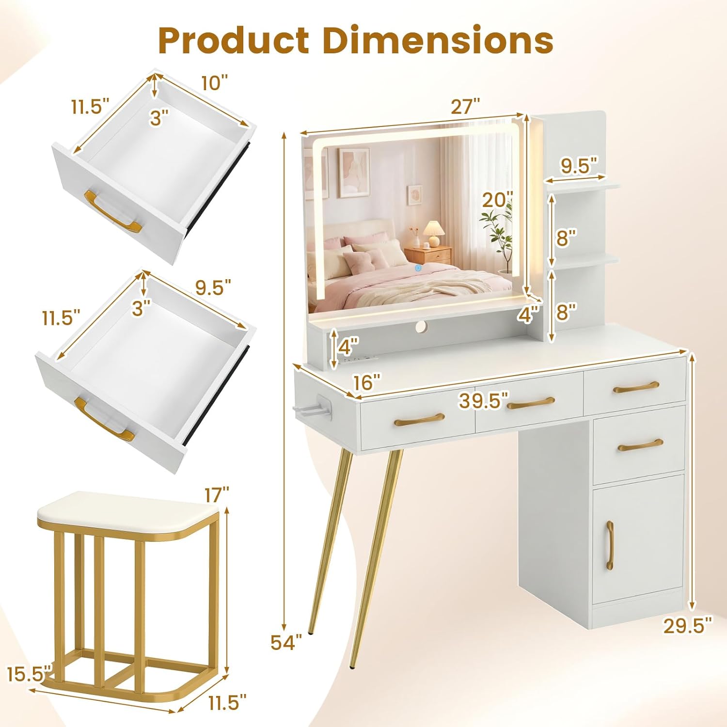 LOKO Modern Vanity Desk with Mirror & Lights, MaKeup Table with Charging Station, Hair Dryer Holder, Large 3-Color LED Mirror, Adjustable Brightness, Matching Padded Stool, Dressing Table for Bedrooms