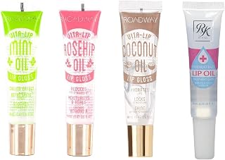 Ruby Kisses Broadway Vita-Lip Clear Lip Gloss 4-Pack: Mint, Rosehip, Coconut Oil - Ultra-Hydrating Non-Sticky High Shine Lip Treatment