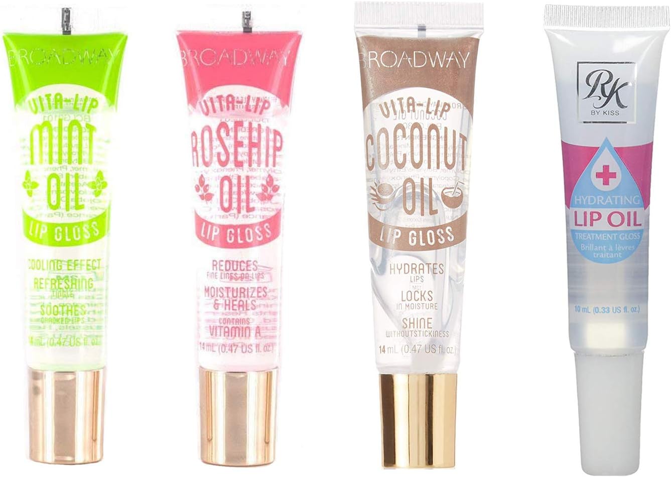 Broadway Vita-Lip Clear Lip Gloss 0.47oz/14ml (3PCS - Mint & Coconut & Rosehip Oil) + 1 Ruby Kisses Hydrating Oil(4 PCS SET)