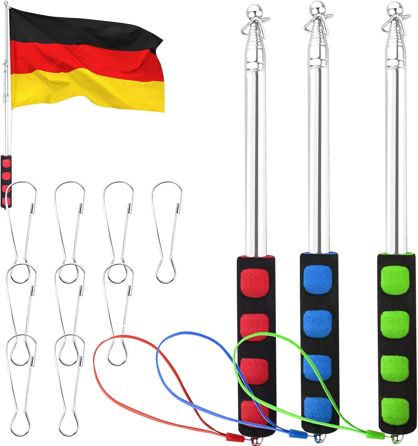 Dantolo 3PCS Astas Bandera Telescópicas, 2m Astas y Piezas pertiga telescopica, Mastil Bandera Exterior Inoxidable Extensible Plegable Asta, Palo telescopico de Bandera para Guía de Viaje Banner