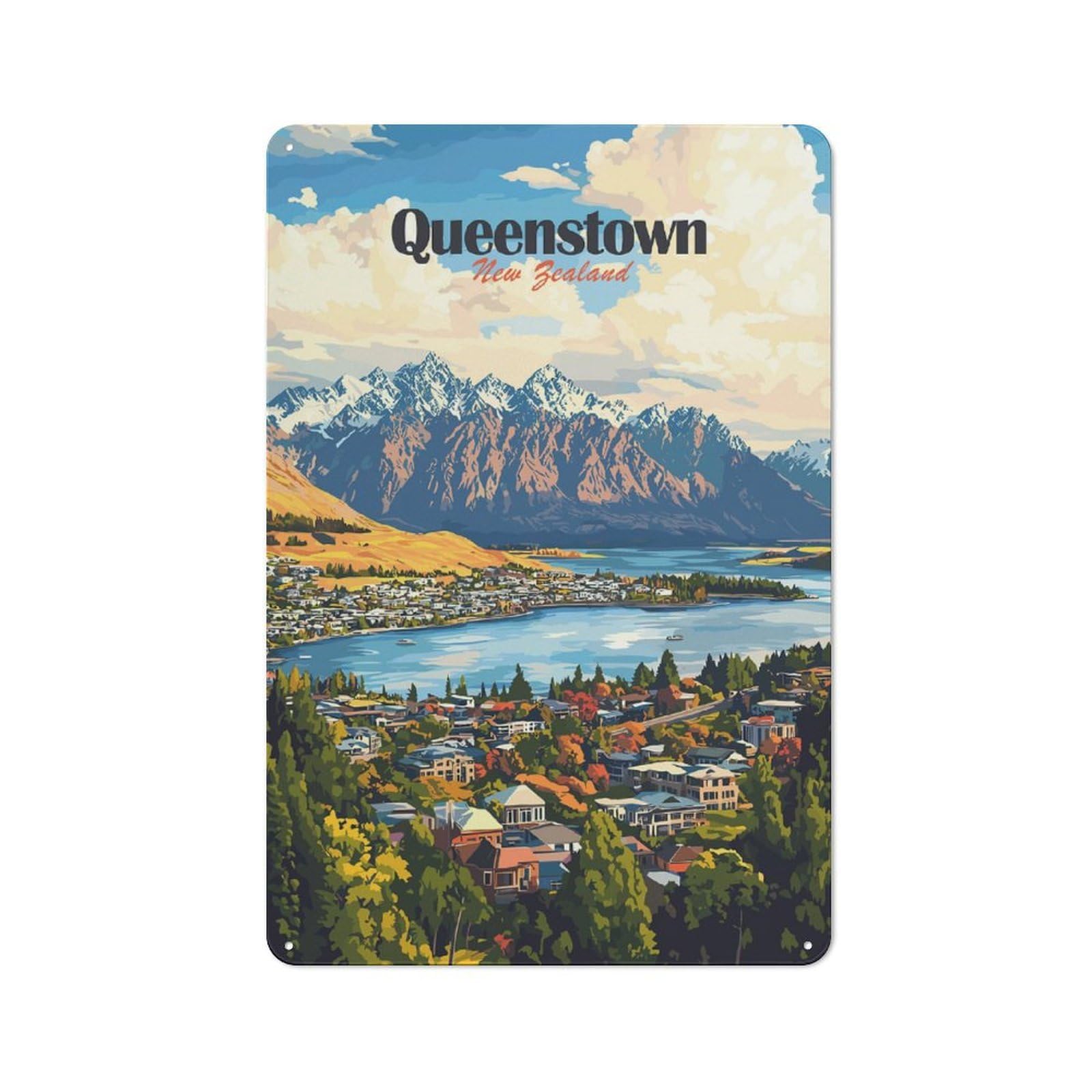 Junmoney Style-2 Queenstown New Zealand Scenic Landscape Art Metal Wall Art Sign 30X20cm, Vintage Old Style Wall Plaque For Living Room, Hallway, Kitchen Or Cafe