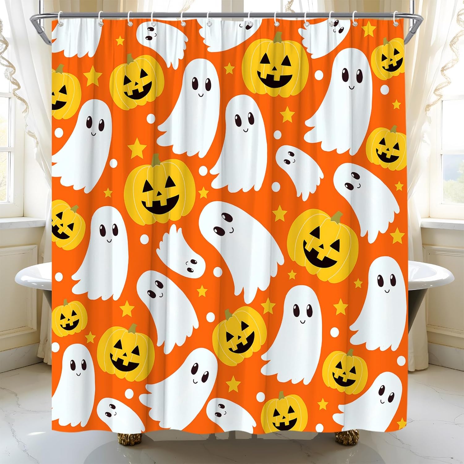 Cute Ghost Shower Curtain Halloween Spooky Pumpkin Funny Cartoon Holiday Fabric for Bathroom Decor Bathtub with Hooks(70" WX84 H)