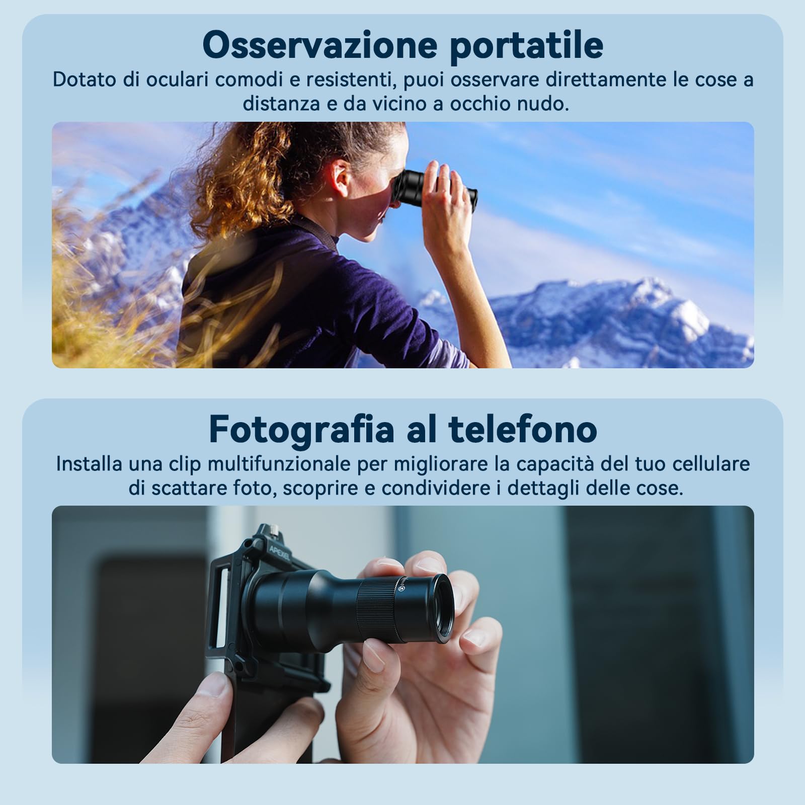 APEXEL Teleobiettivo HD 6X con Messa a fuoco Fissa e Clip Universale Migliorata, Obiettivo macro da 150 mm,Rivestimento FMC, Adatta per iPhone 17/16/15..., Samsung, Pixel e Altri Smartphone,Nero
