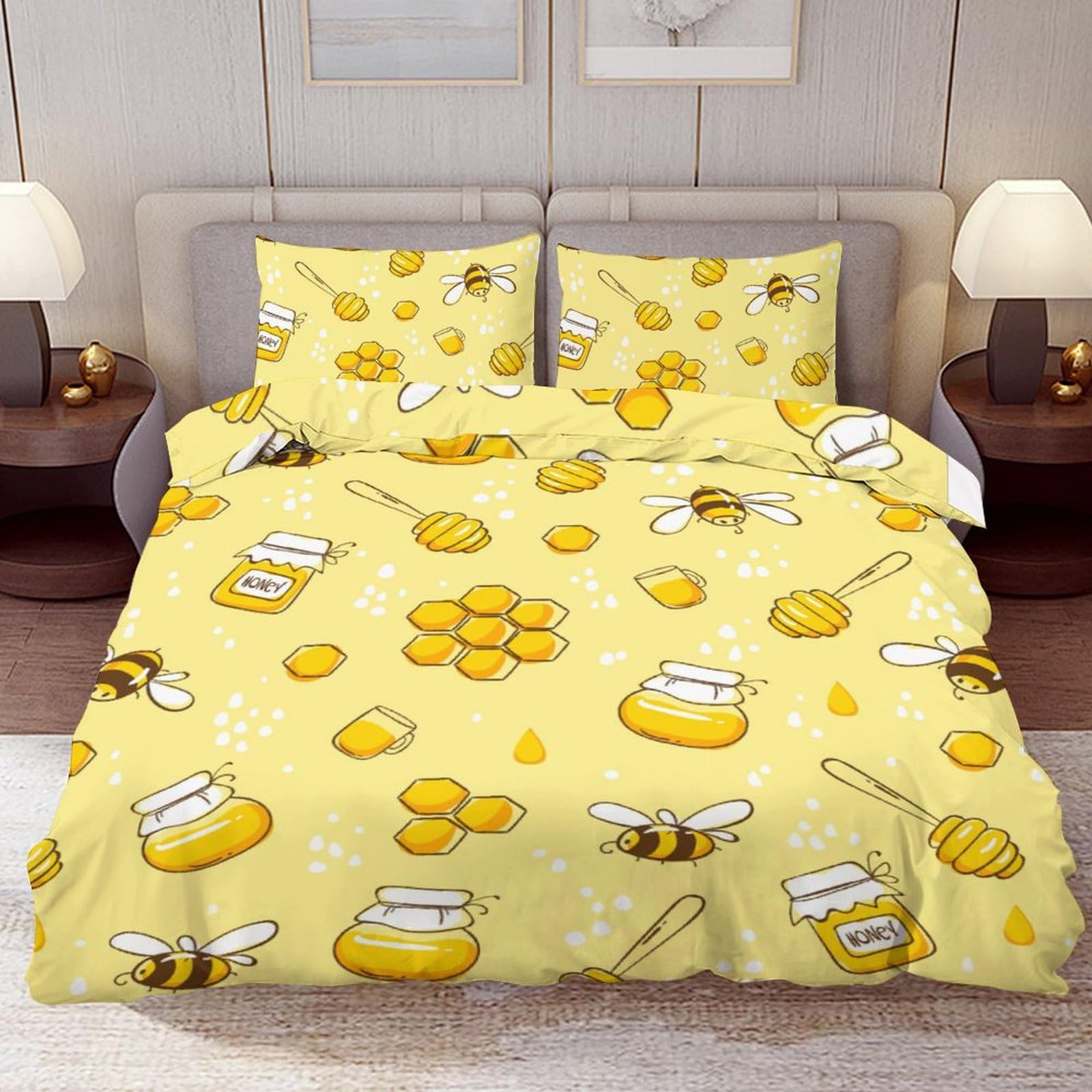 Delerain Comforter Cover Set Twin Size, Bees Honey 3-Piece Bedding Set for Boys Girls Teens Modern Soft Microfiber Bedroom Set Room Decor, 1 Duvet Cover + 2 Pillowcases
