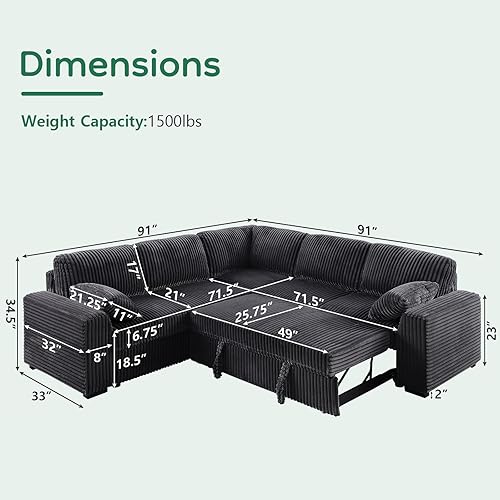 Miniatura 2 de Sofá cama modular en forma de L de 91 pulgadas con reclinable, cama extraíble y diván, sofá de pana convertible para apartamento, sala de estar,