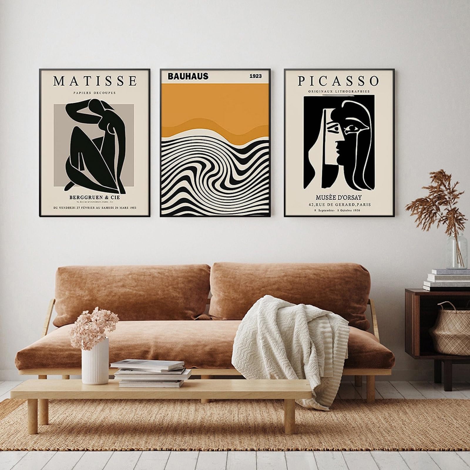 ZBELLO Set of3 Posters, Beige and Black Matisse, Bauhaus, Picasso Abstract Canvas Prints, Aesthetic Art Wall Art for The Living Room, Bedroom, Office and Home Decor, Unframed (40x50cm)