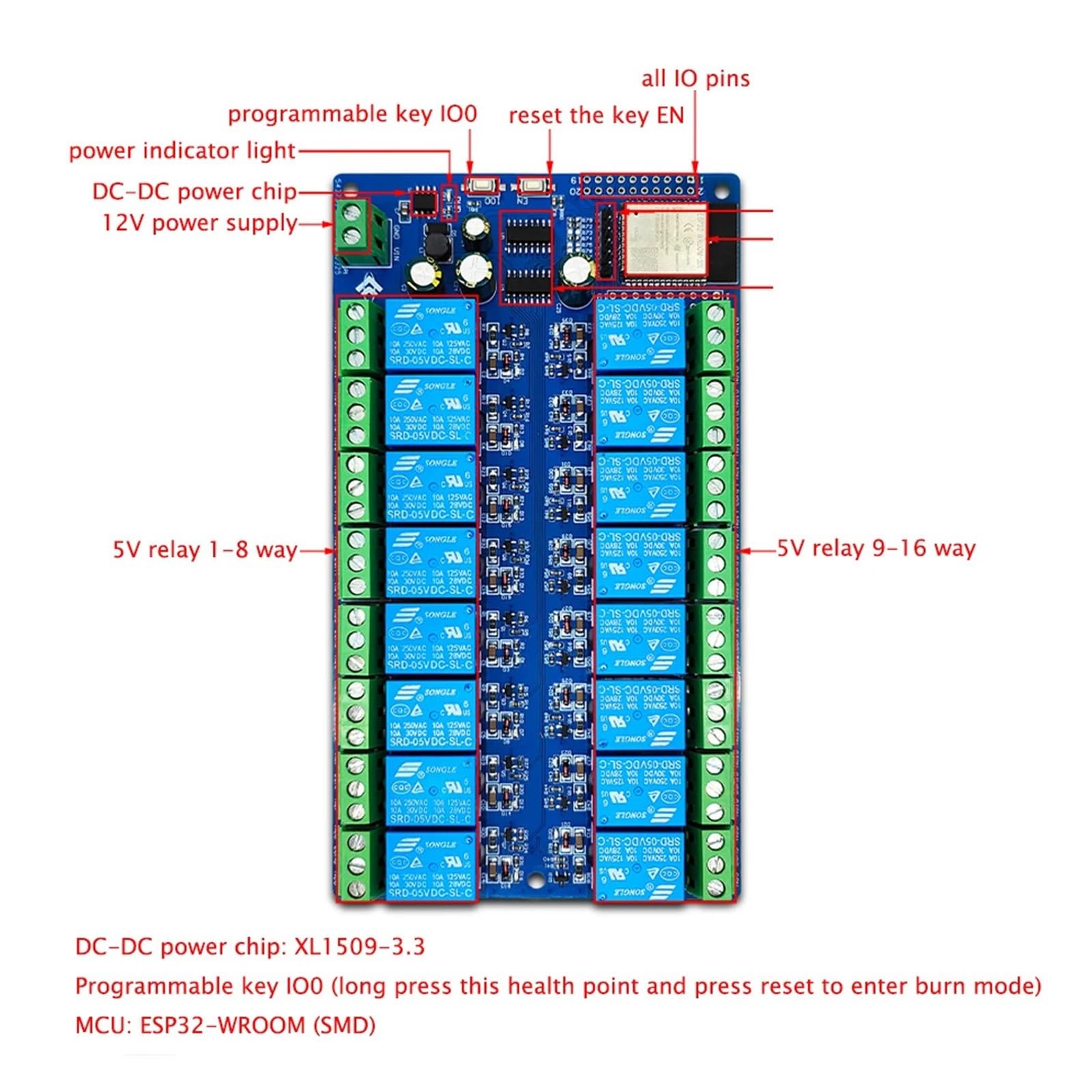 Modulo relè PLC Scheda di sviluppo modulo relè a 16 vie ESP32 DC 5V-12V for scheda ESP32-WROOM