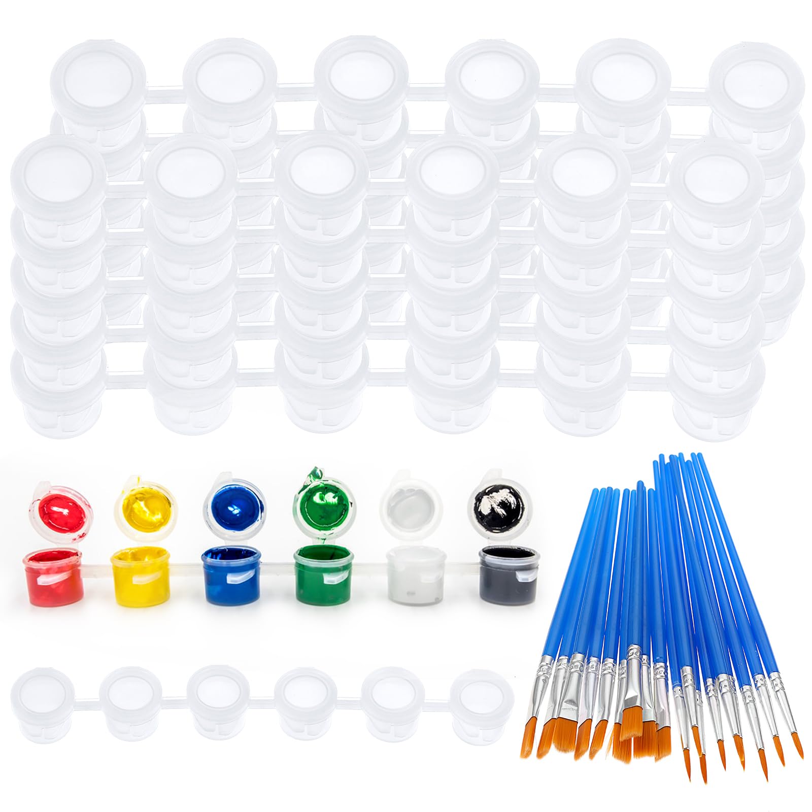Prasacco Juego de 60 tiras de pintura vacías de 3 ml con 30 pinceles de pintura, tazas de pintura de aceites transparentes con tapa, mini contenedor de pintura acrílica, tiras de pintura para niños,