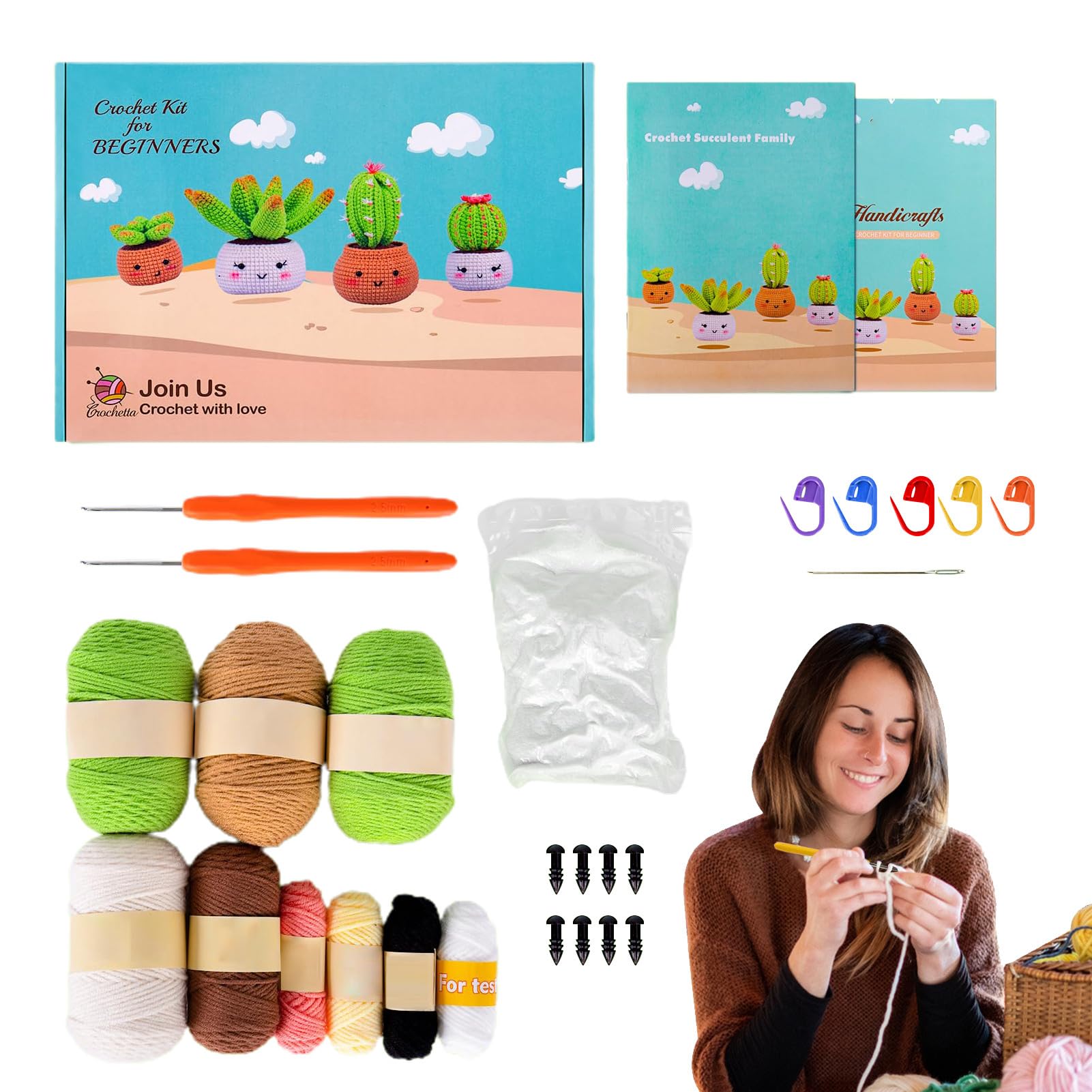 Kit de crochê para iniciantes,Kit de tricô para suculentas cactos