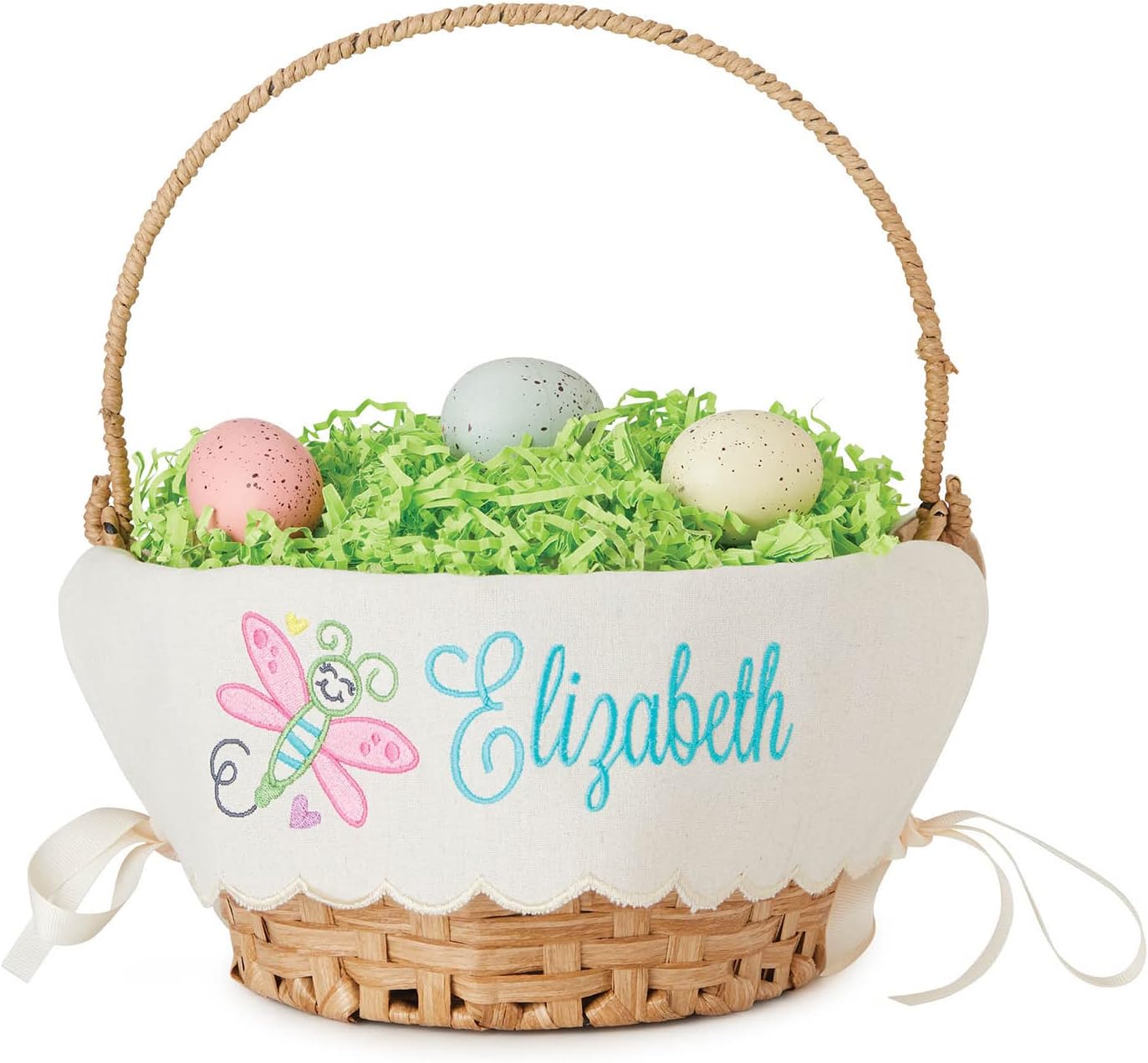 Dragonfly Personalized Easter Egg Basket with Handle and Custom Name | Scallop Edge Linen Easter Basket Liners | Tan Basket | Woven Easter Baskets for Kids | Customized Easter Basket