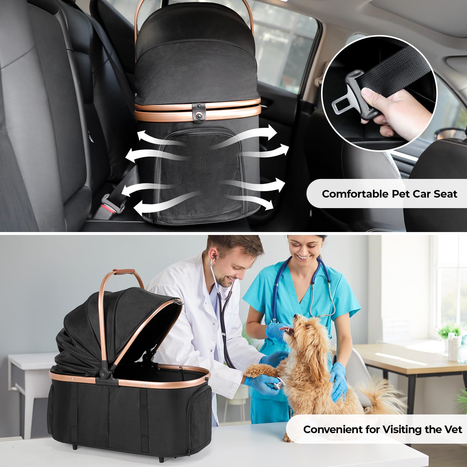 MAMIZO Passeggino per Cani 4 in 1, fino a 25 kg, passeggino per cani con 4 PCS ruote gomma 360° ammortizzate, Pieghevole, finestre a rete cinture sicurezza, borsa per il trasporto per cani, Nero