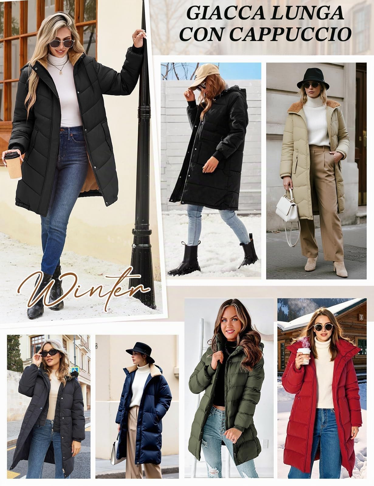 Giacca Donna Lungo Invernale Cappotto con Cappuccio Caldo Parka Autunno Invernali Giubbino Imbottito Giubbotto Elegante Casual Giacca Pile Outwear con Tasche