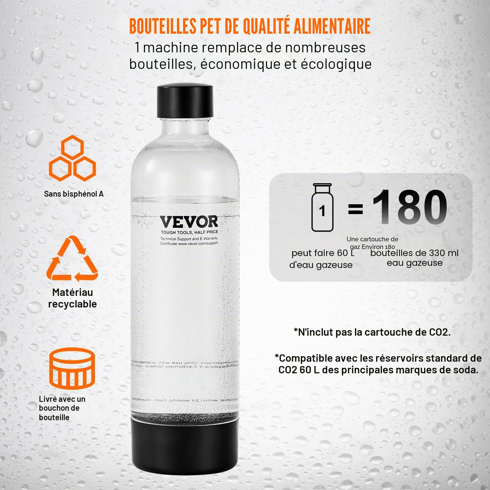 VEVOR Machine à eau gazeuse, machine à eau pétillante et soda pour gazéification domestique avec 2 bouteilles PET de 1 L sans BPA, compatible avec le cylindre de CO2 60 L à visser (non inclus), noir