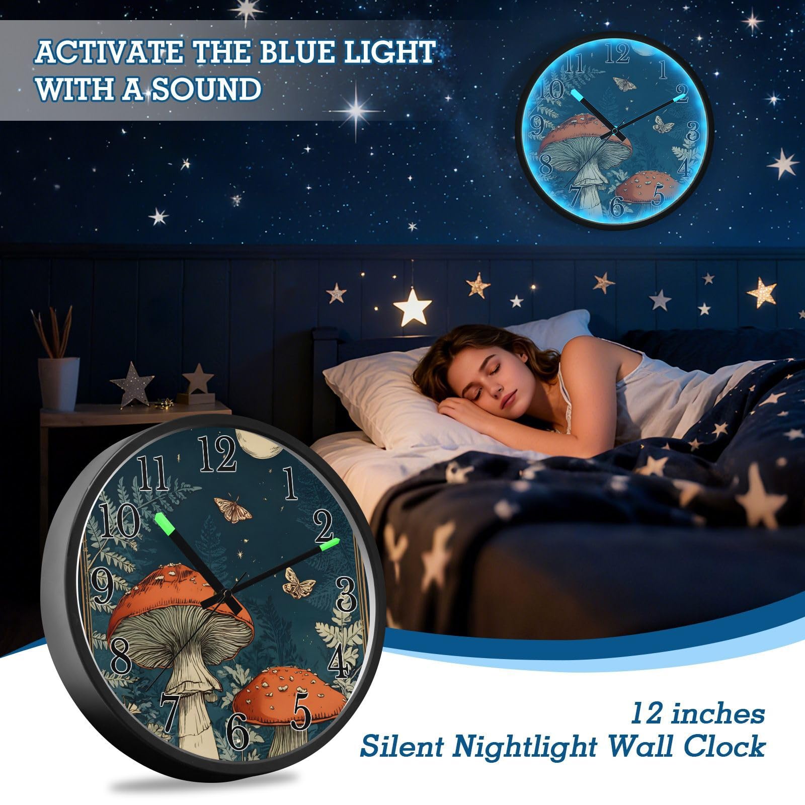 Mnsruu Reloj de pared luminoso con diseño de hongo y luna, funciona con pilas, silencioso, brilla en la oscuridad, para sala de estar, cocina, 30,5 cm