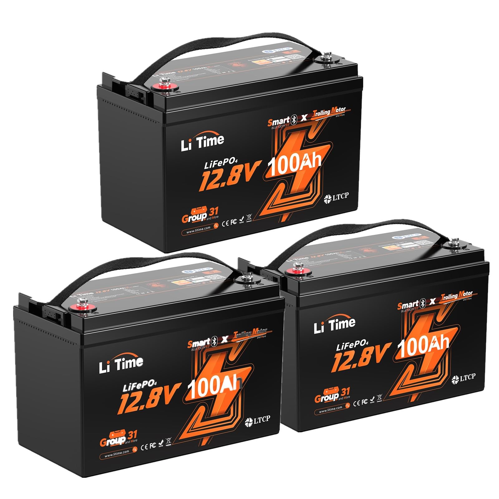 Litime 12V 100Ah Trolling Motor LiFePO4 Battery for Marine, Boat(3 Pack)