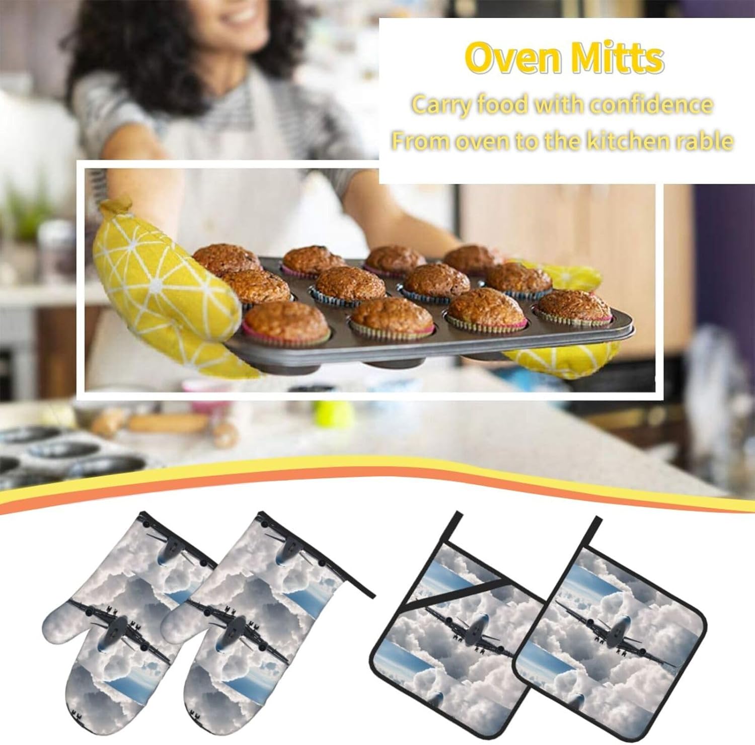 (Airplane Art) Baking 4-Piece Set: 2 Oven Mitts and 2 Pot Holders Heat Resistant Waterproof Hanging Loop for Kitchen Oven Grill Housewarming Gifts