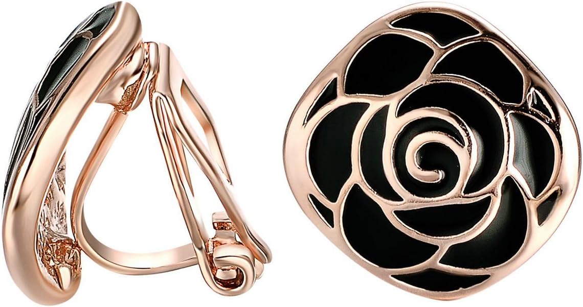 VOGEM Black Rose Earrings Clip On Womens 18K Rose Gold Plated Enamel Flower Clips Earings Evening Party Jewelry