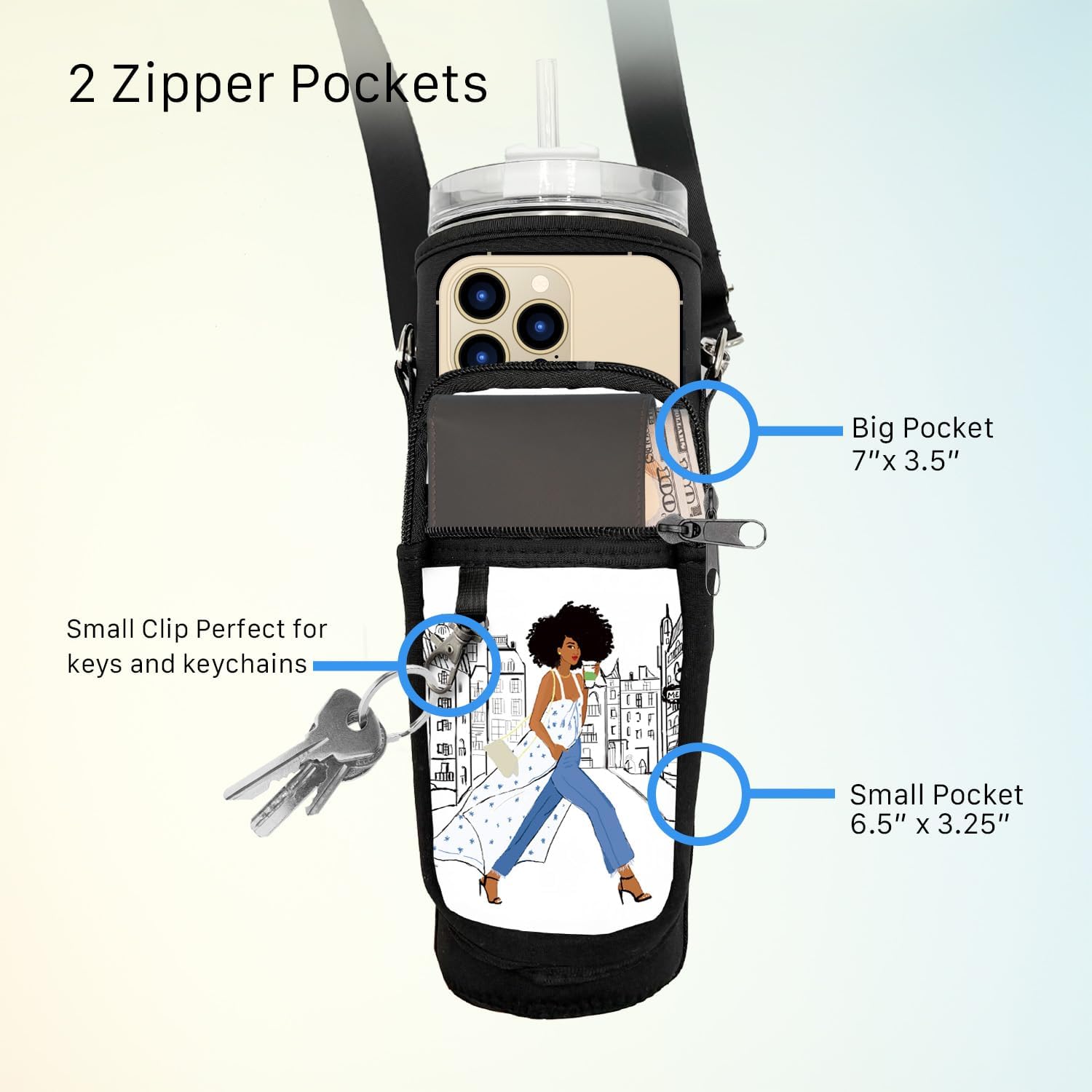 African American Expressions – Tumbler Carrier Bag with Strap for 20-40 oz Cups – Water Bottle Holder with Black Cultural Design, Phone & Wallet Pockets, Fits Stanley Tumblers