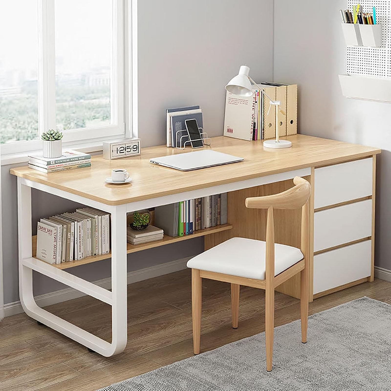 NHPJFDC Computer Desk with Drawer, Extra Long Desk With Storage Cabinet Shelf,Sturdy Writing Table,Computer Gaming Desk,Writing Study Table Workstation for Home Office(Natural,120x50x75cm)
