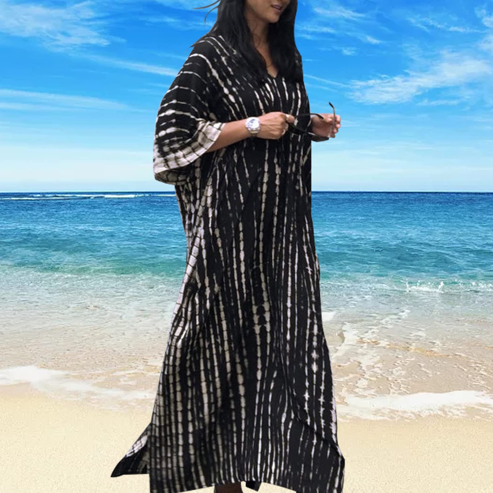 Femmes Robe de Plage Femme Longue Boheme Robe Maxi Fleur Kimono Bikini Cover-Up, Caftan Kaftan Pareos, Taille Unique