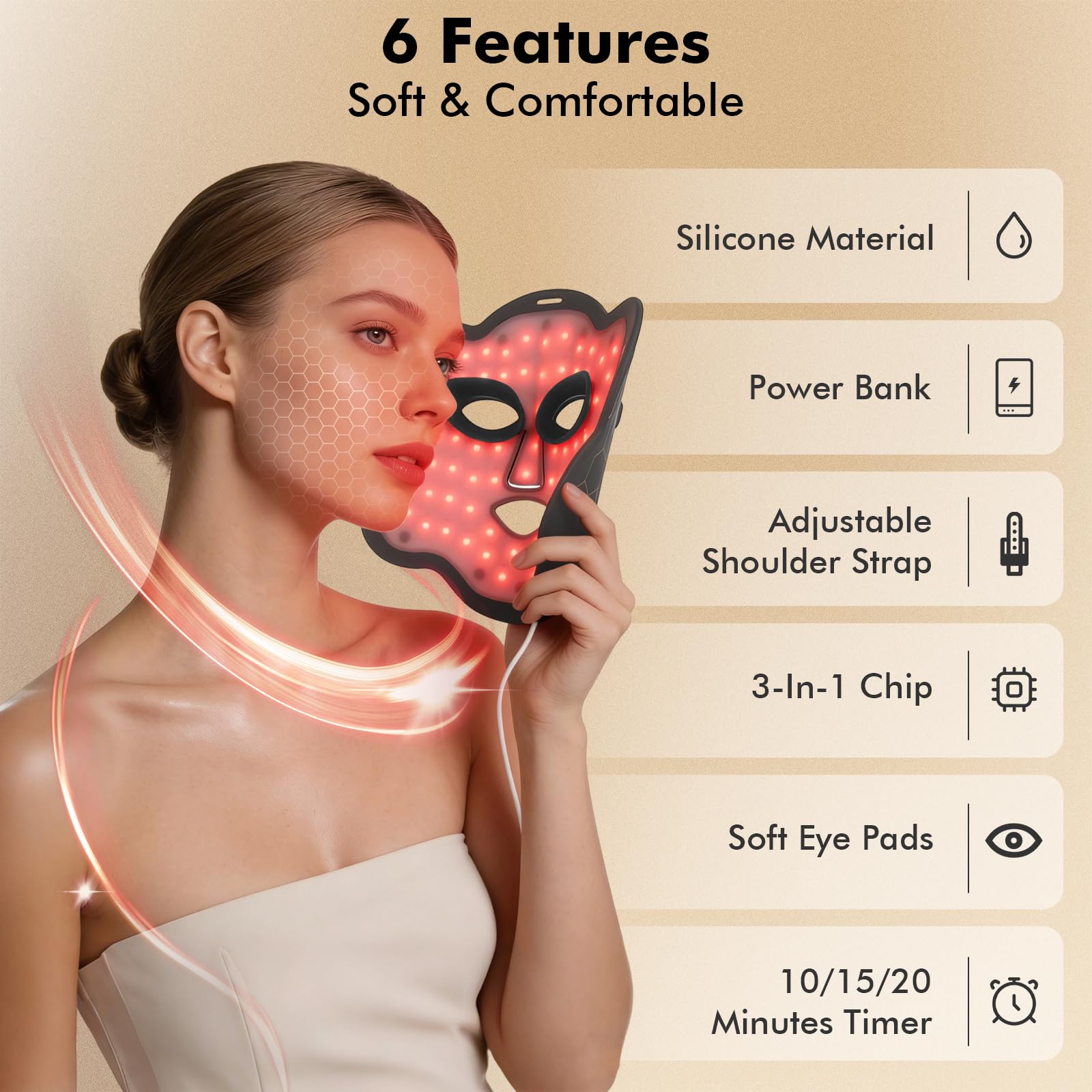 LED Maske Gesicht, 660nm&850nm Silikon Infrarot Maske Gesicht, Rotlicht Maske mit 6000mAh Akku, 10/15/20Min Timer, 5 Helligkeitsstufen, Tragbare Red Light Mask, Geschenke für Frauen