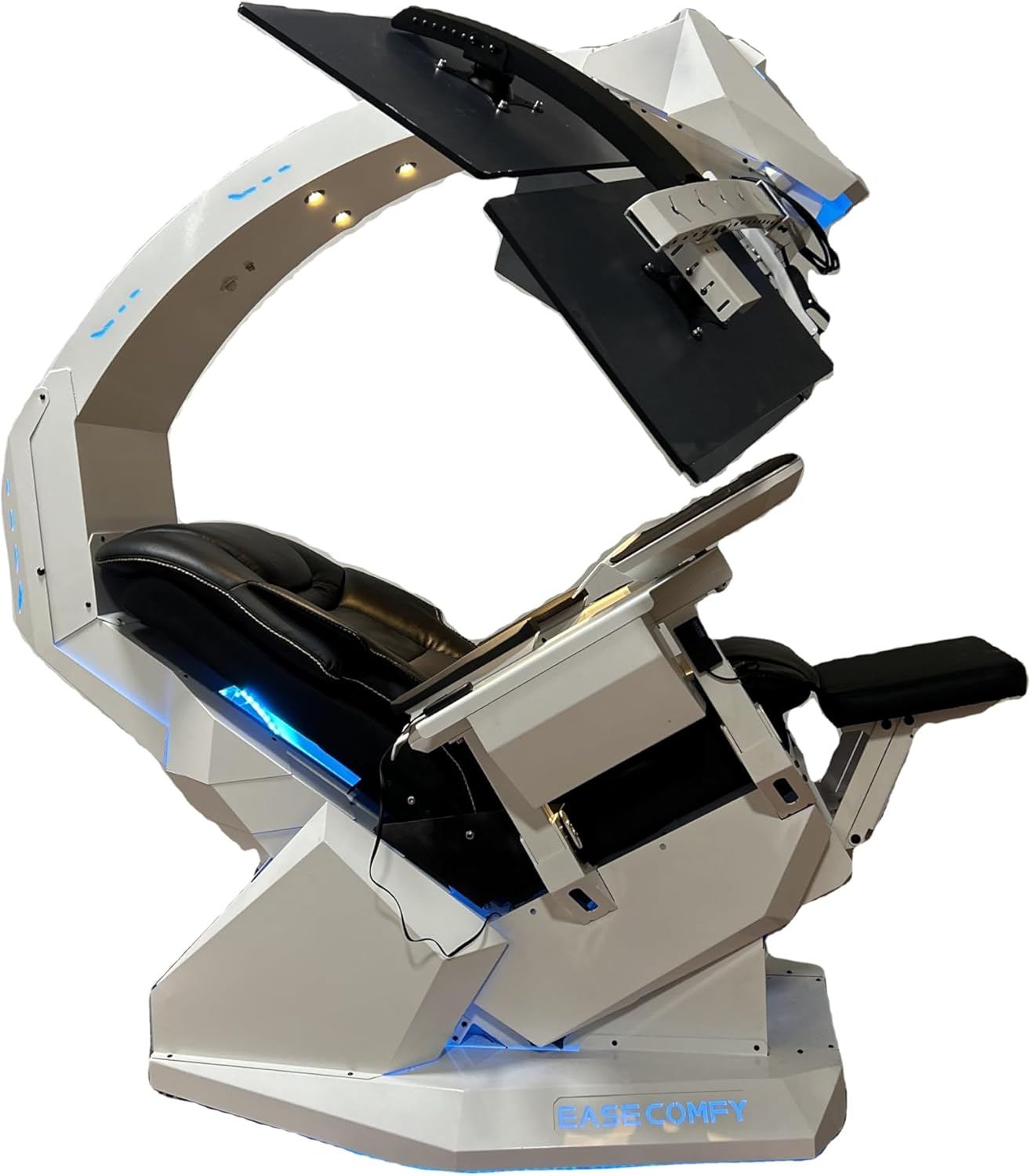 EASECOMFY T2 Throne Recline Workstation Chair Cockpit boss seat Genuine Leather with Vibration Massage Support 3 Monitors or one 49" Ultra Wide Monitor