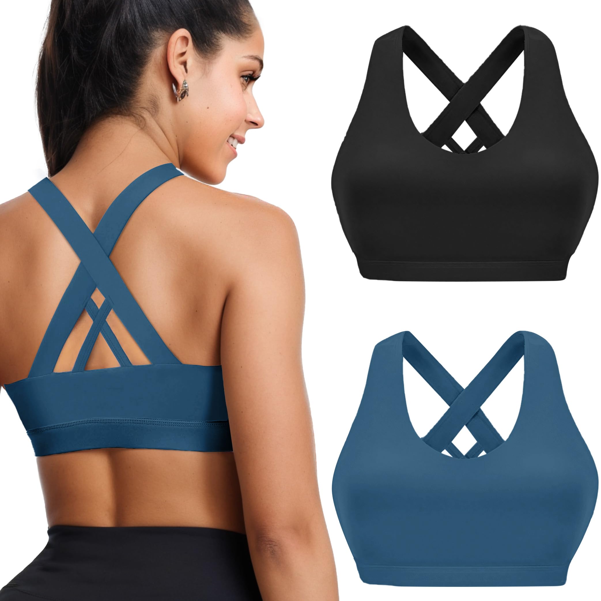 Buauty 2 Packs Sports Bras for Women, High Impact Yoga Workout Bra, High Support Criss-Cross Back Bras for Large Bust