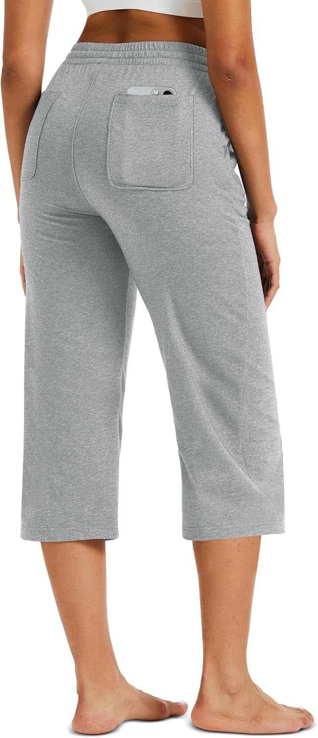 MAGCOMSEN Women's Cotton Capri Pants with 5 Pockets Yoga Wide Leg Capris Loose Casual Lounge Workout Capri Sweatpants