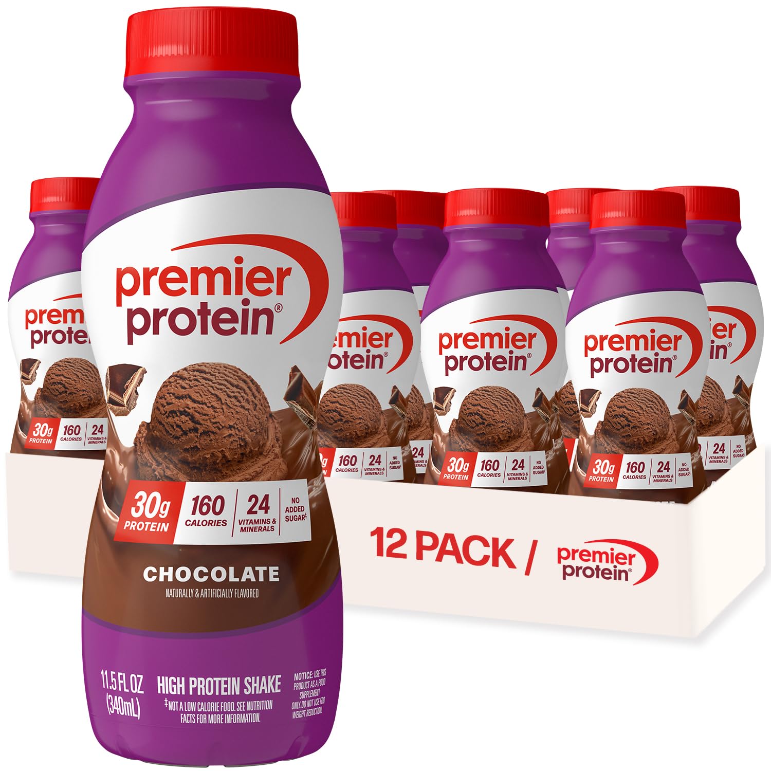 Premier Protein Shake, Chocolate, 30g Protein 1g Sugar 24 Vitamins Minerals Nutrients to Support Immune Health, 11.50 fl oz (Pack of 12)