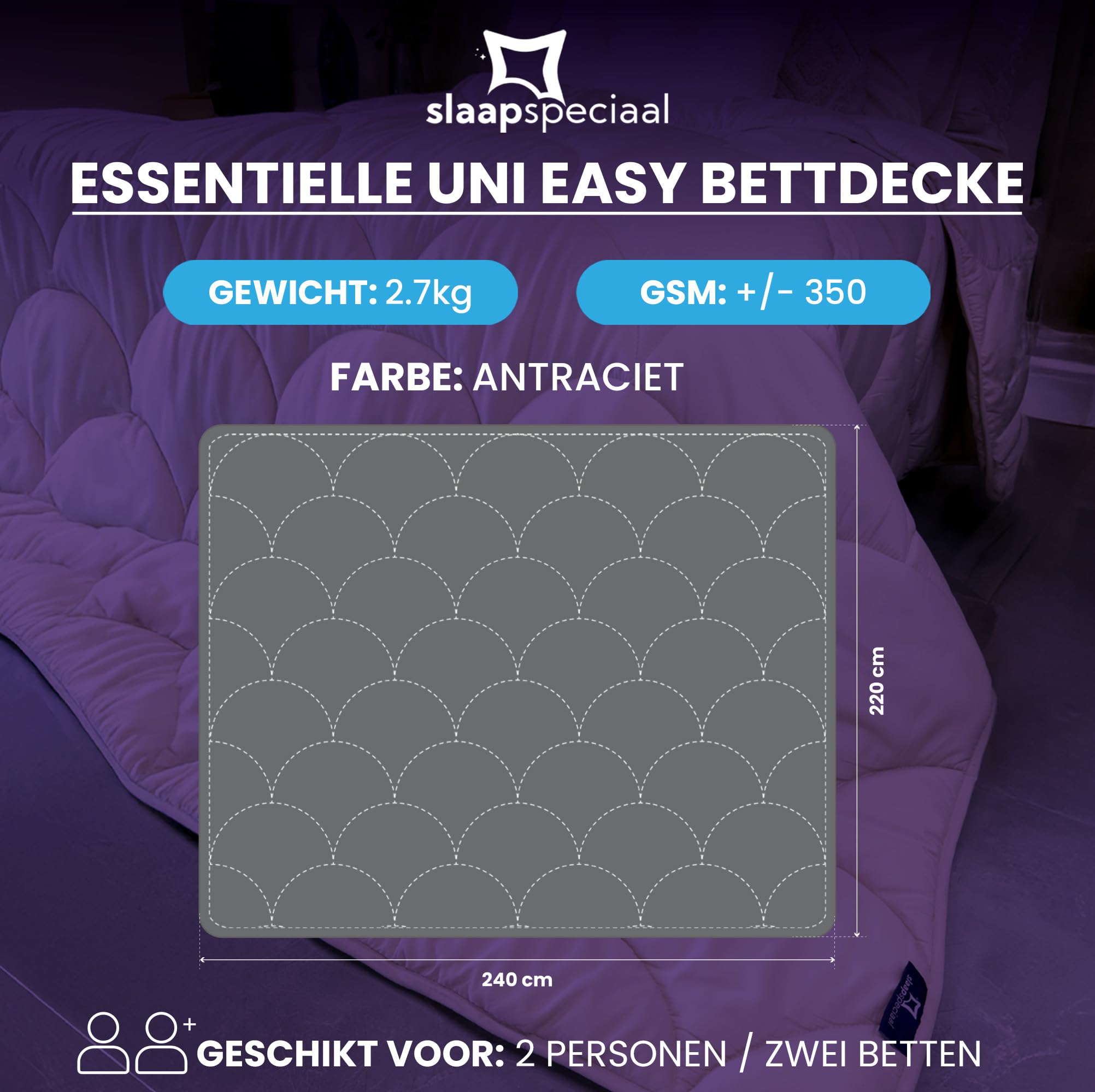 Bettdecke ohne Bezug 240x220cm - Ganzjahresdecke Wärmestufe 2 | Decke und Bezug in Einem - Atmungsaktiv & Regulierend - Gelfasern für Daunengefühl - Waschbare Allergiker Bettwäsche - Grau
