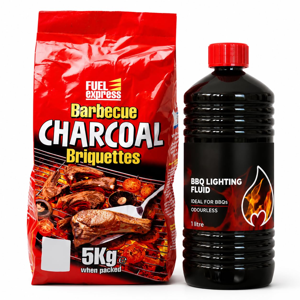BBQ Lighter Fluid 1L with Express Charcoal Briquettes 5kg | Fast Lighting Barbecue Fuel Bundle | Quick Ignition Charcoal for Grilling & Outdoor Cooking